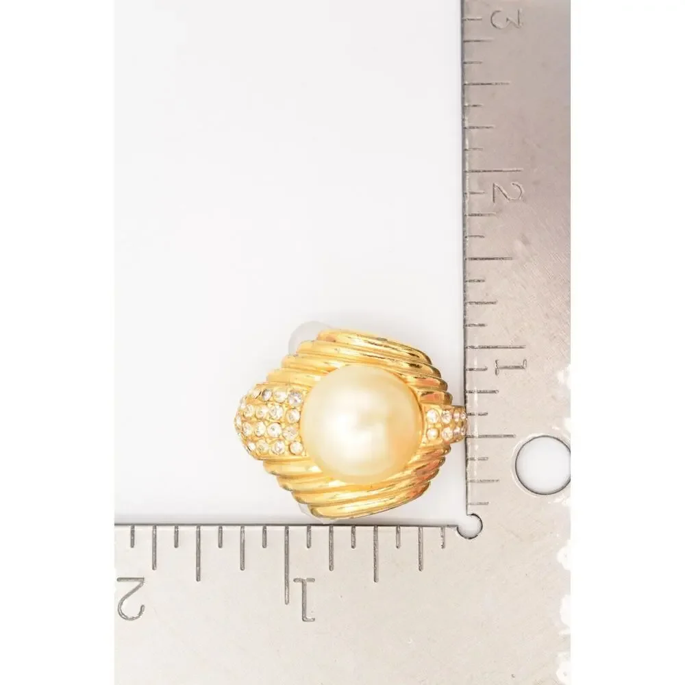 Ciner Vintage Crystal Clip On Earrings Pearl Gold Bold Chunky Heavy Signed BinAG